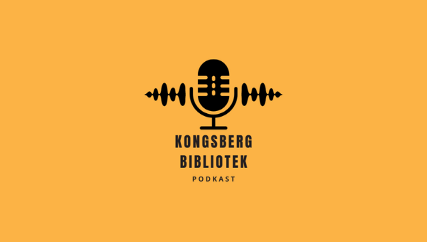 Mikrofon med lydbølger som strømmer ut av den. tekst Kongsberg bibliotek podkast under