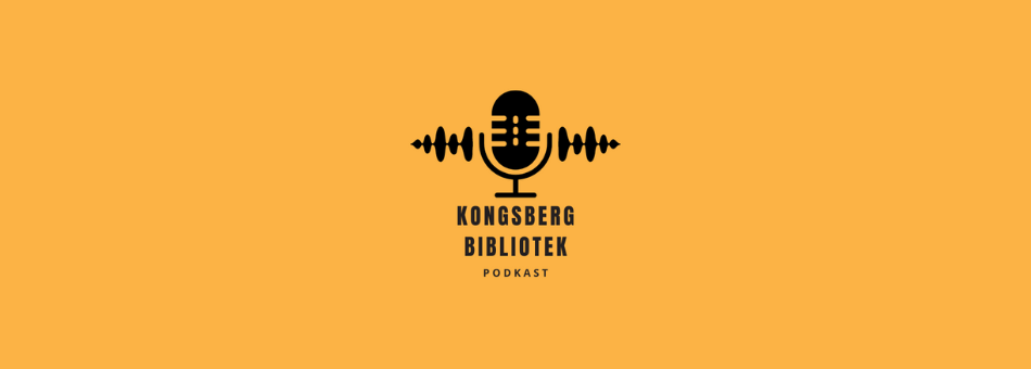 Mikrofon med lydbølger som strømmer ut av den. tekst Kongsberg bibliotek podkast under