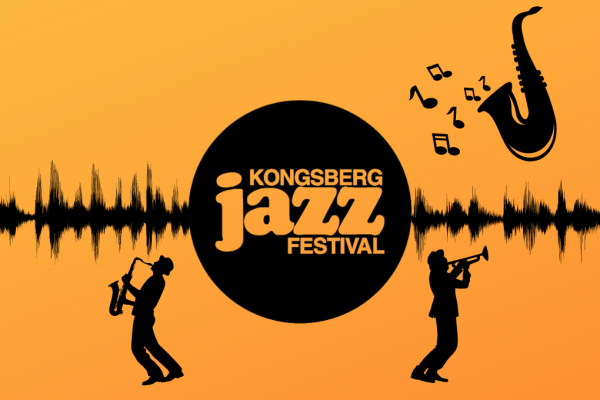 illustrasjoner av instrumenter og noter. Kongsberg jazzfestival logo