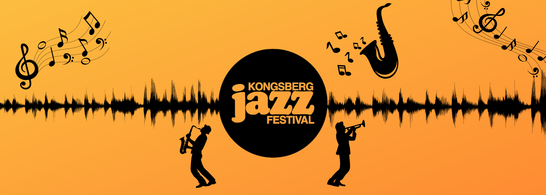 illustrasjoner av instrumenter og noter. Kongsberg jazzfestival logo