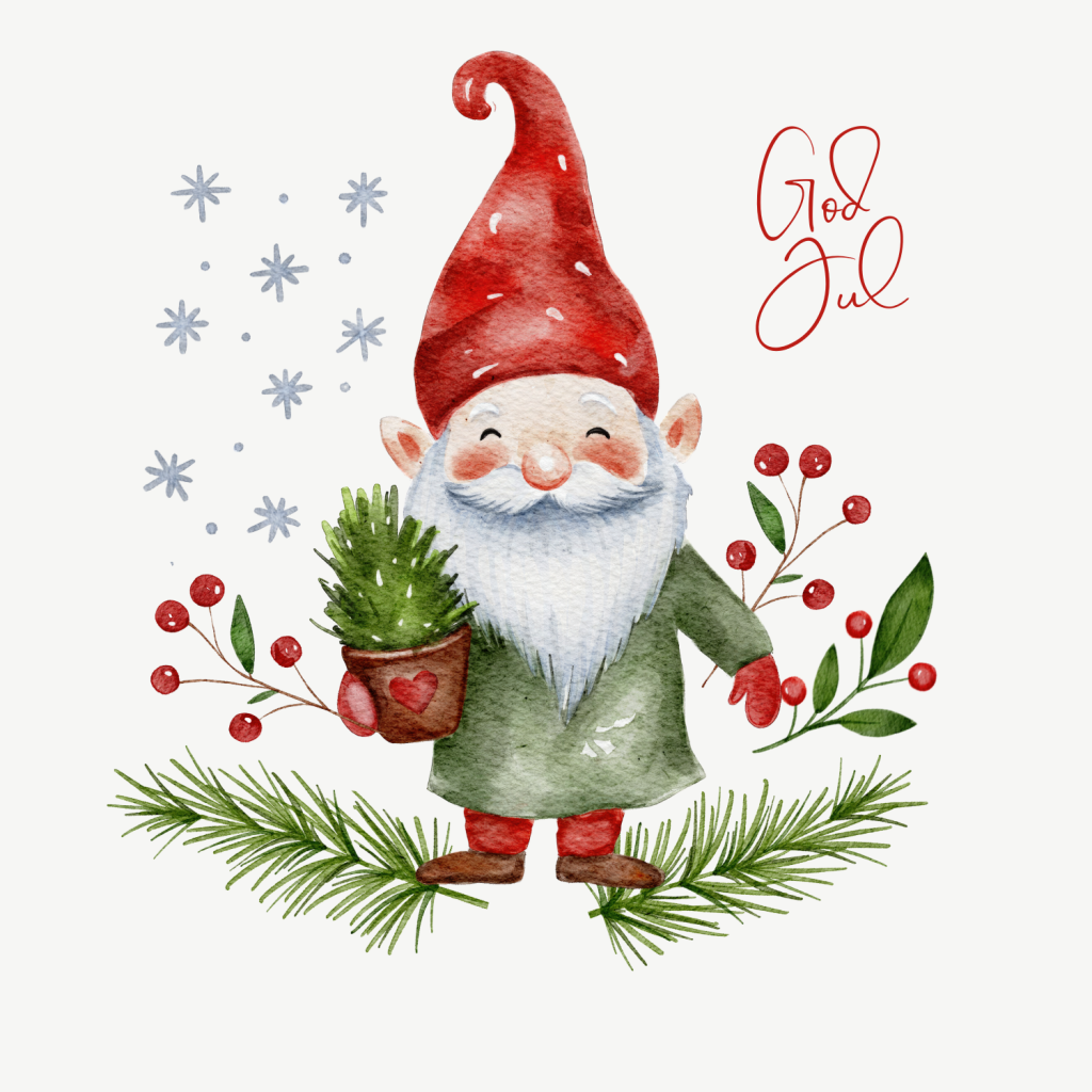 Illustrasjon av en nisse som holder et lite juletre