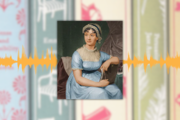 maleri av Jane Austen, bokhylle med bøkene hennes i bakgrunnen