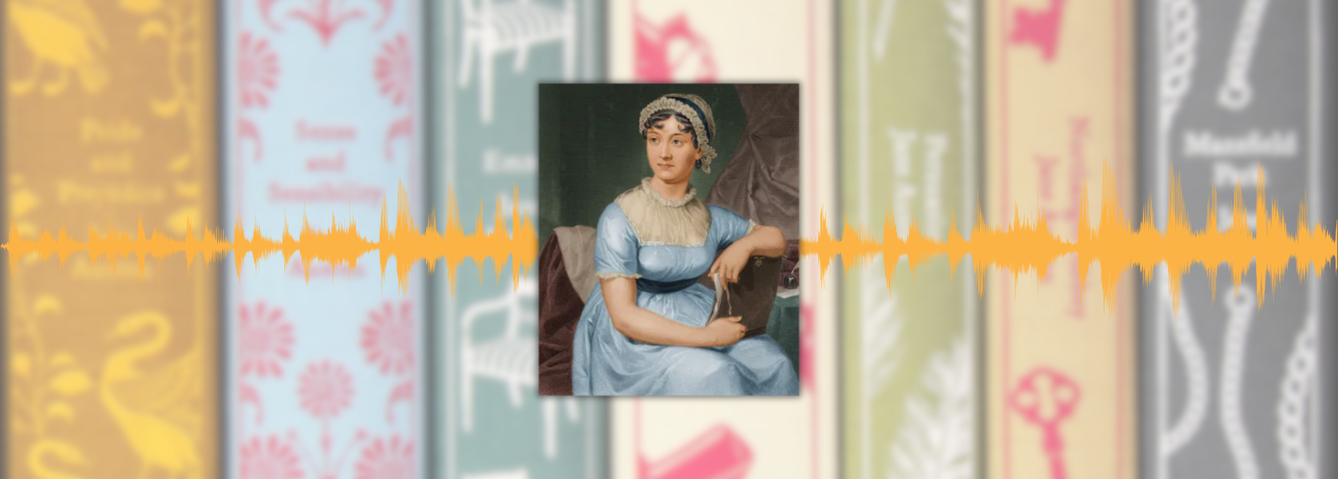 maleri av Jane Austen, bokhylle med bøkene hennes i bakgrunnen