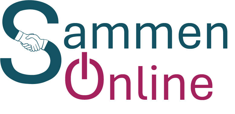Logo: Sammen Online. S-en ser ut som to hender som hilser på hverandre. O-en ser ut som en påknapp til PC