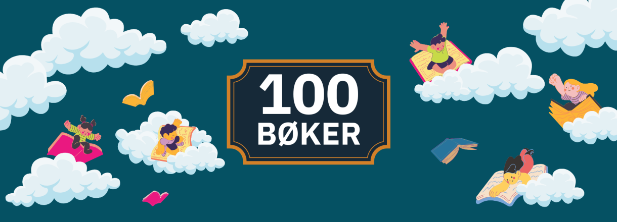 Illustrasjon av barn som flyr på bøker, med skyer og blå bakgrunn