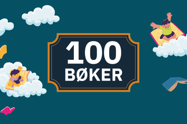 Illustrasjon av barn som flyr på bøker, med skyer og blå bakgrunn